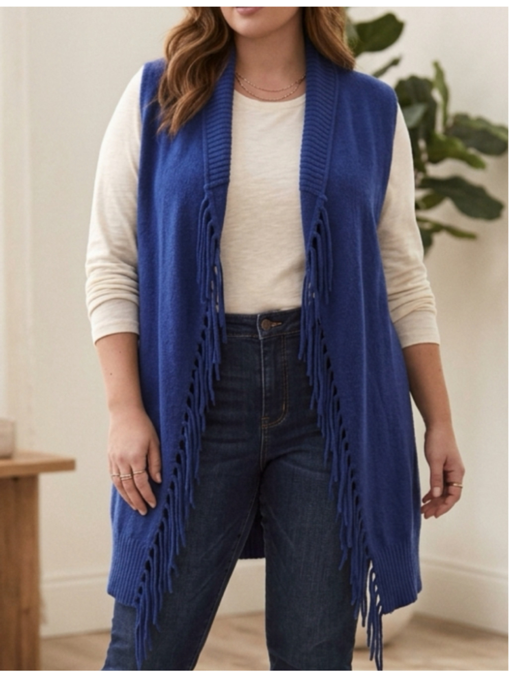 Olsen Royal Blue Open Front Ribbed Knit Cascading Fringe Sweater Vest L 2132